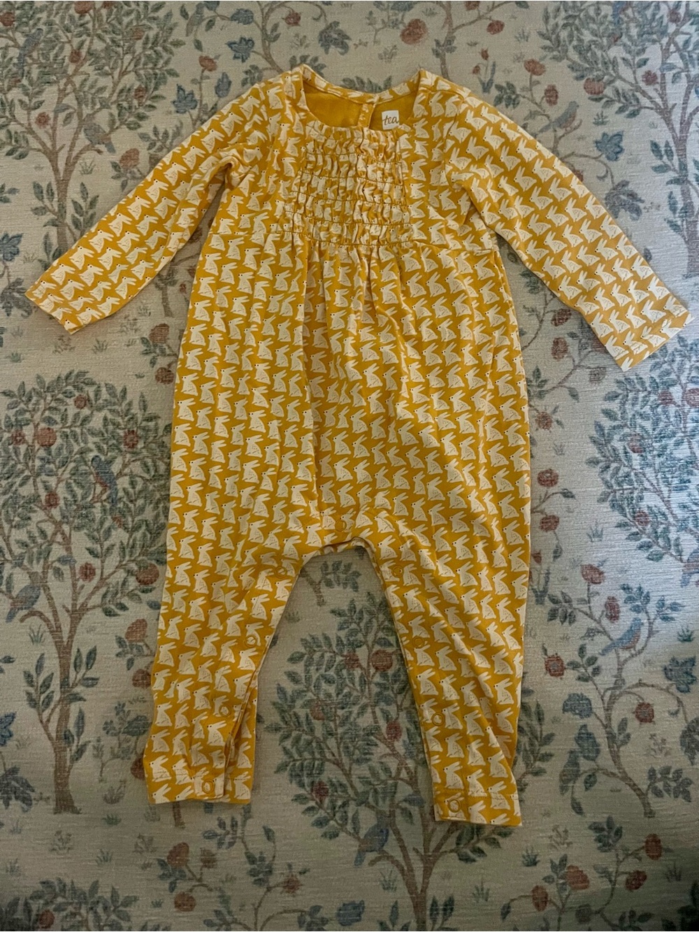 Tea Collection Mustard Yellow Baby Romper with White Bunny Print